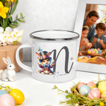 Personalised Easter Bunny 12 oz Coloured Rim Enamel Mug with Name and Initial Daily Use Easter Gift for Family Kids