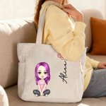 Personalizzato Carino personaggio dei cartoni animati Grande borsa Tote in velluto a coste con fiore di nascita e nome Uso quotidiano Regalo di compleanno per donne