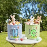 Personalised Cute Bunny Initial Flower Plaid Easter Basket with Name Easter Egg Hunt Easter Gift for Boys Girls