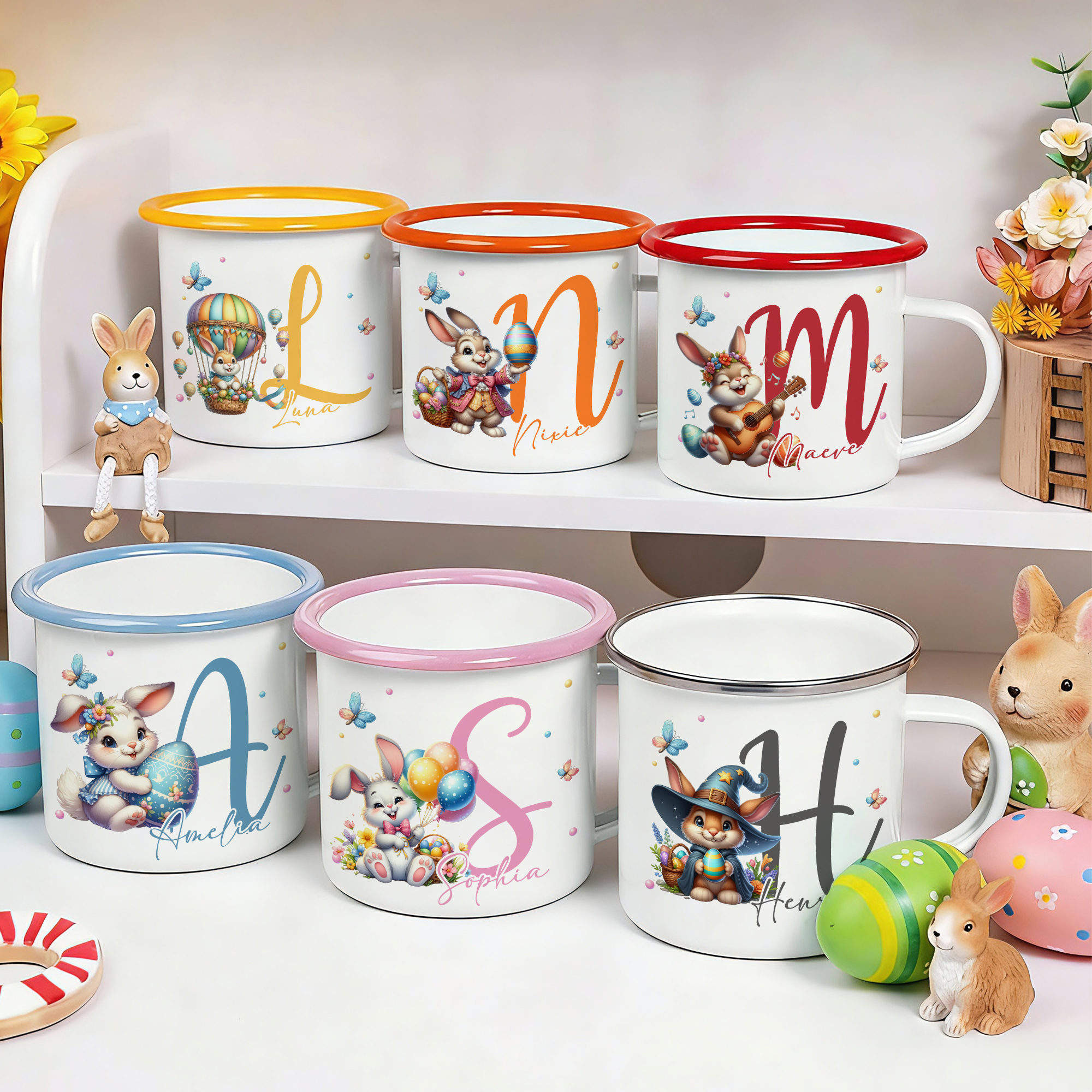 Tasse en émail coloré 12 oz avec nom et initiales Lapin de Pâques personnalisé Cadeau de Pâques pour la famille et les enfants