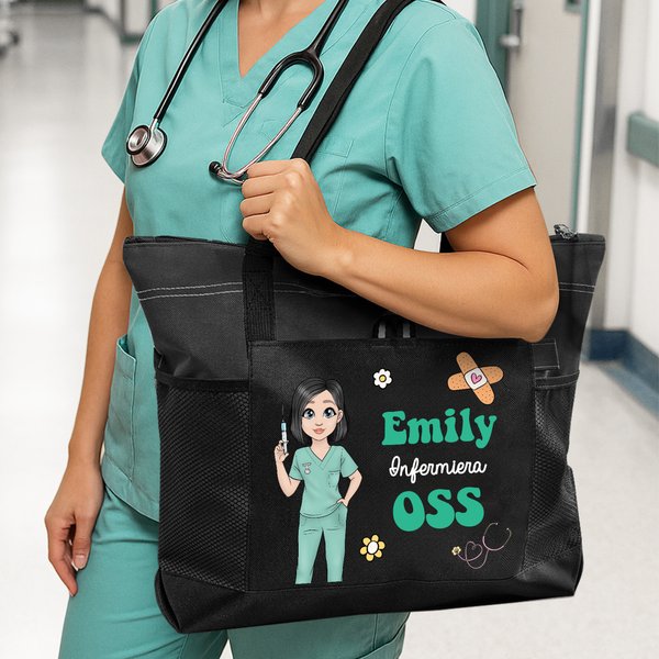 Borsa personalizzata con personaggio animato e nome, tessuto Oxford con tasca a rete - Regalo per infermiere o personale medico