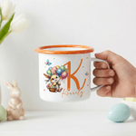 Personalised Easter Bunny 12 oz Coloured Rim Enamel Mug with Name and Initial Daily Use Easter Gift for Family Kids