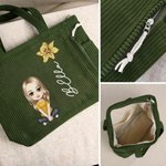 Personalizzato Carino personaggio dei cartoni animati Grande borsa Tote in velluto a coste con fiore di nascita e nome Uso quotidiano Regalo di compleanno per donne