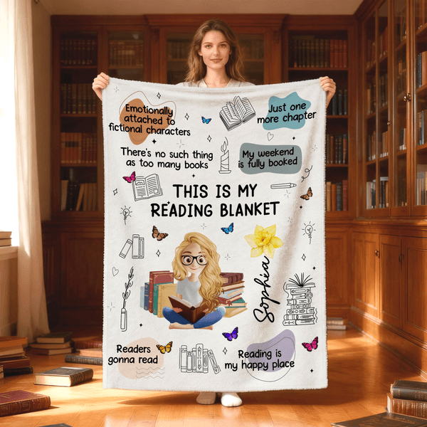 Personalised Reading Cartoon Character Birth Flower Soft Throw Blanket with Name Daily Use Graduation Birthday Gift for Book Lover Bookworm Her