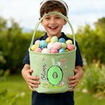 Personalised Cute Bunny Initial Flower Plaid Easter Basket with Name Easter Egg Hunt Easter Gift for Boys Girls