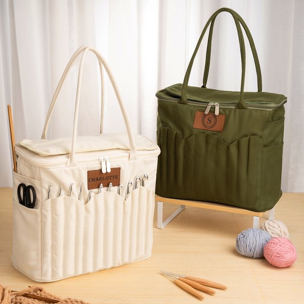 Personlig monogram stor förvaringsväska för garn i canvas med nålfickor och handtag Virka Stickning Tillbehör Födelsedagspresent för hantverksälskare
