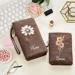 Cartera personalizada de cuero PU con flor de nacimiento y nombre portátil y muñequera regalo de cumpleaños para mujeres