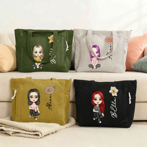 Personalised Cute Cartoon Character Large Corduroy Tote Bag with Birth Flower and Name Daily Use Birthday Gift for Women