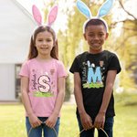 Personalized Cute Bunny Initial 100% Cotton Kid T-shirt with Name Easter Egg Hunt Easter Gift for Boys Girls