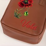 Personalized Birth Flower Gemstone PU Leather Makeup Bag with Name and Handle Travel Anniversary Birthday Gift for Women