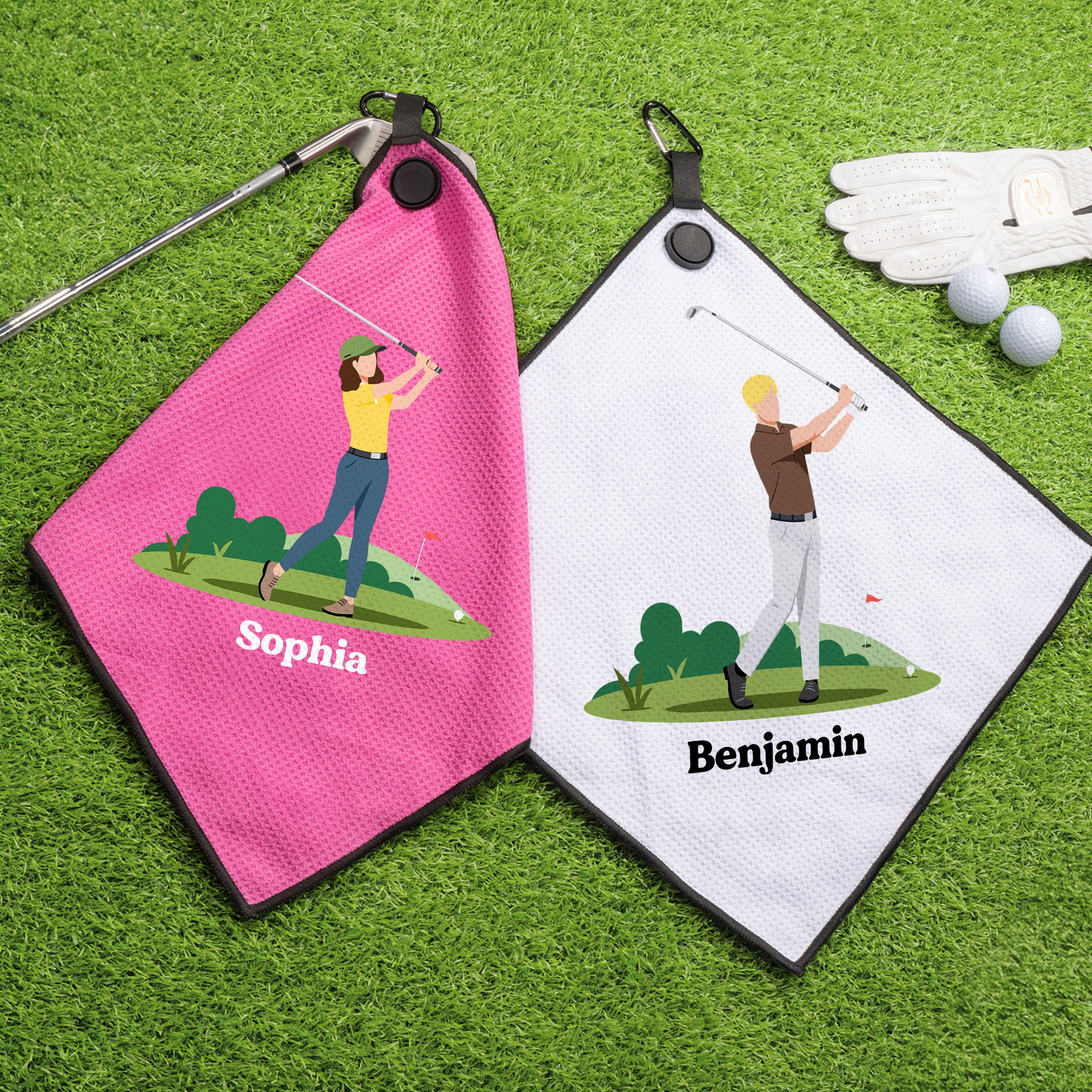Serviette de sport magnétique gaufrée personnalisée avec nom et pince suspendue Entraînement quotidien Journée de golf Cadeau pour les joueurs de golf