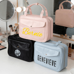 Personalized Portable Multi-Compartment PU Leather Travel Toiletry Bag with Name and Initial Birthday Wedding Gift for Women