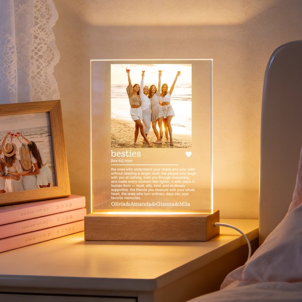 Personlig bästa vän foto 4-färgad akryl LED-nattlampa med namn och träbas Födelsedag Brudtärna Jubileumspresent för besties systrar