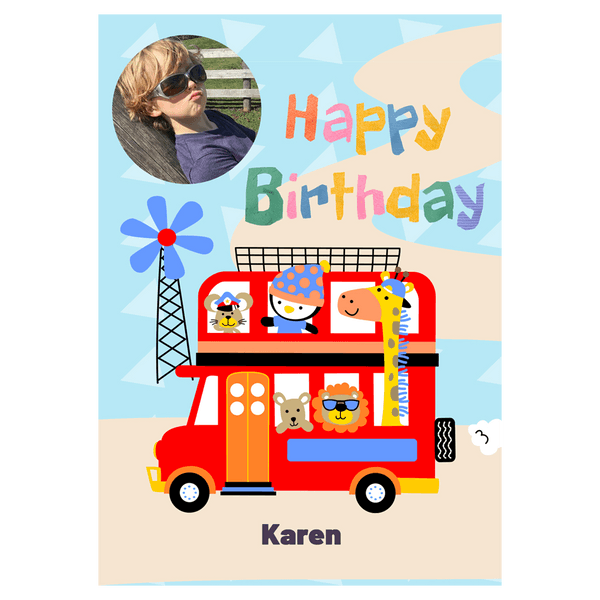 Animal Double Decker Bus Birthday Ecard