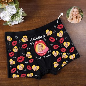 Personalizzato I Licked It Red Lip Heart Photo Boxer da uomo con nome Regalo di anniversario di San Valentino per la coppia.