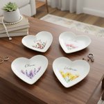 Personalized Birth Flower Heart Shape Ceramic Trinket Jewelry Dish with Name Birthday Wedding Home Decor Gift for Women Bridesmaids
