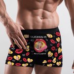 Personalized I Licked It Red Lip Heart Photo Men's Underwear Boxer Brief with Name Valentine's Day Anniversary Gift for Couple Partner