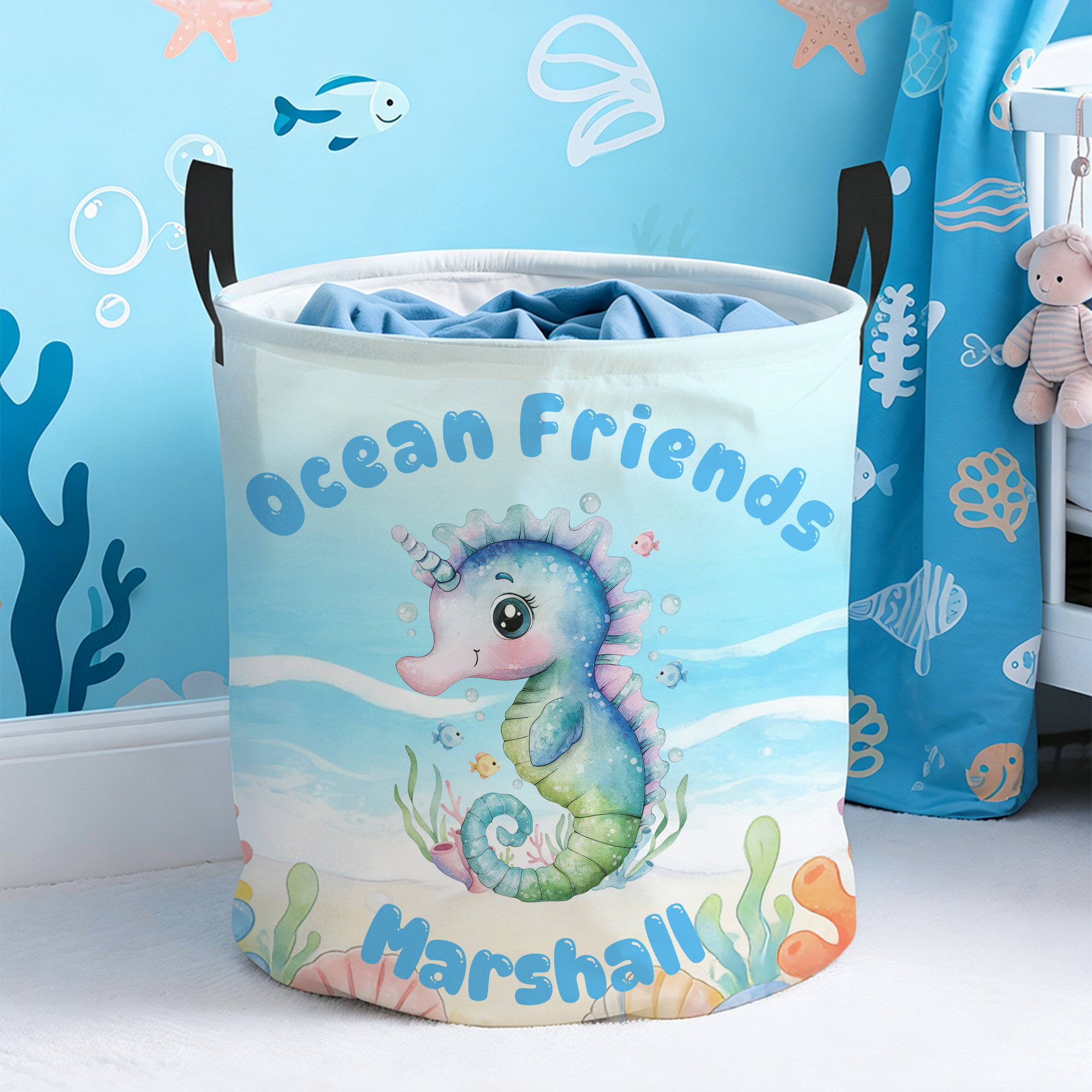 Panier de rangement personnalisé pour animaux marins avec nom Organisateur de jouets Cadeau d'anniversaire pour enfants Parents