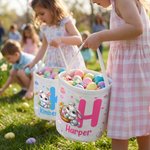 Personalised Cute Bunny Flower Canvas Easter Basket with Name and Initial Egg Hunting Accessories Easter Gift for Boys Girls