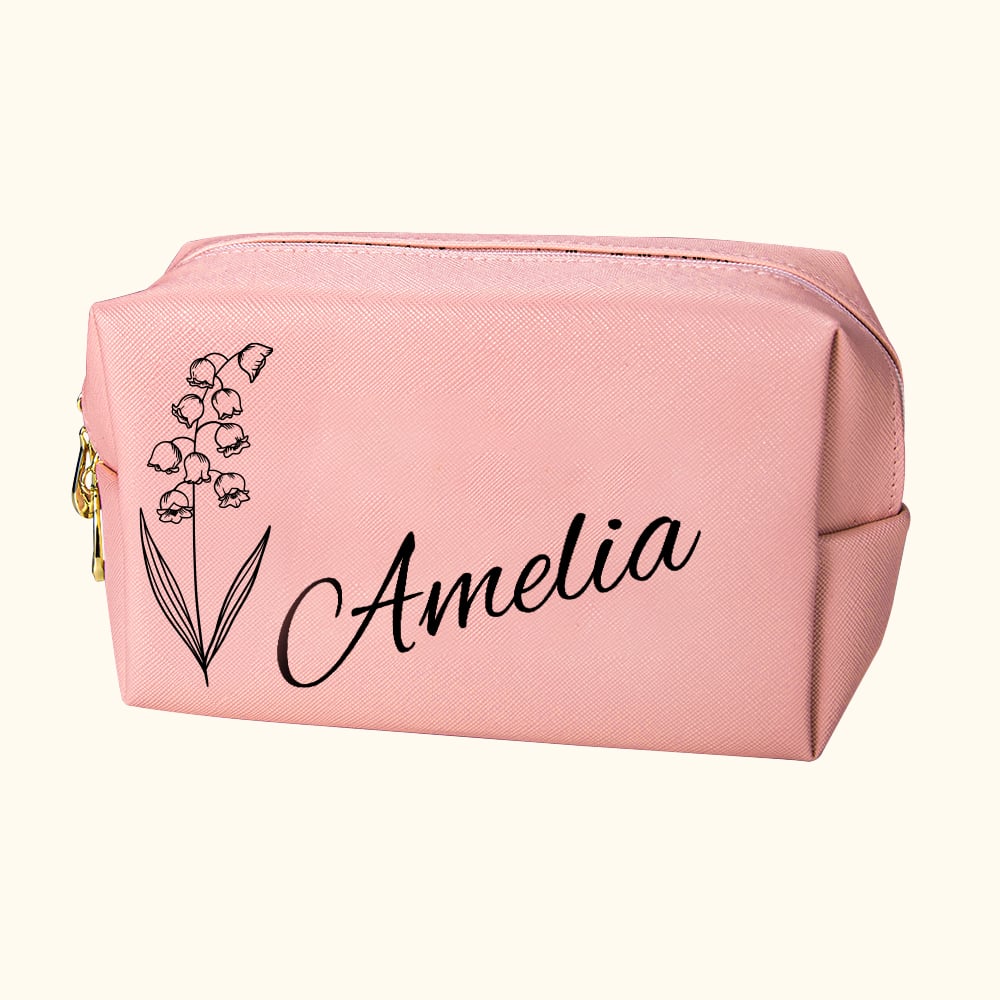 Trousse de Maquillage Personnalisée avec Fleur de Naissance Sac en Cuir Grande Capacité Cadeau Fête Anniversaire Mariage pour Femme
