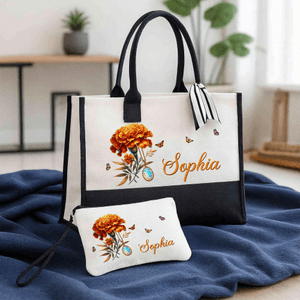 Personalizzato Fiore di nascita Pietra di nascita grande Tote Bag Borsa trucco portatile con nome Festa della mamma Regalo di compleanno per le donne Ragazze