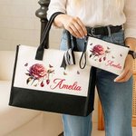Personalized Birth Flower Birthstone Large Tote Bag Portable Makeup Bag with Name Mother's Day Birthday Gift for Women Girls