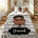Personlig söt tecknad liten svart pojke mjuk kasta filt med namn heminredning födelsedag jubileumsgåva för pojkar
