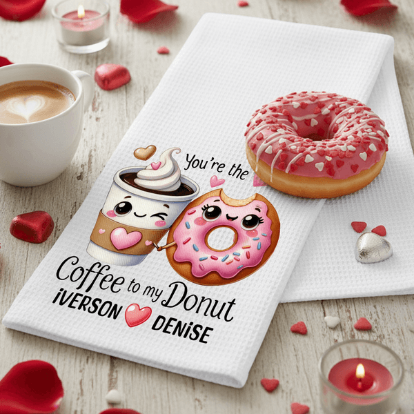 Personalized Cute Food Pattern Super Absorbent Waffle Tea Towel with Name Kitchen Decor Anniversary Valentine's Day Gift for Couple