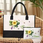 Personalized Birth Flower Birthstone Large Tote Bag Portable Makeup Bag with Name Mother's Day Birthday Gift for Women Girls