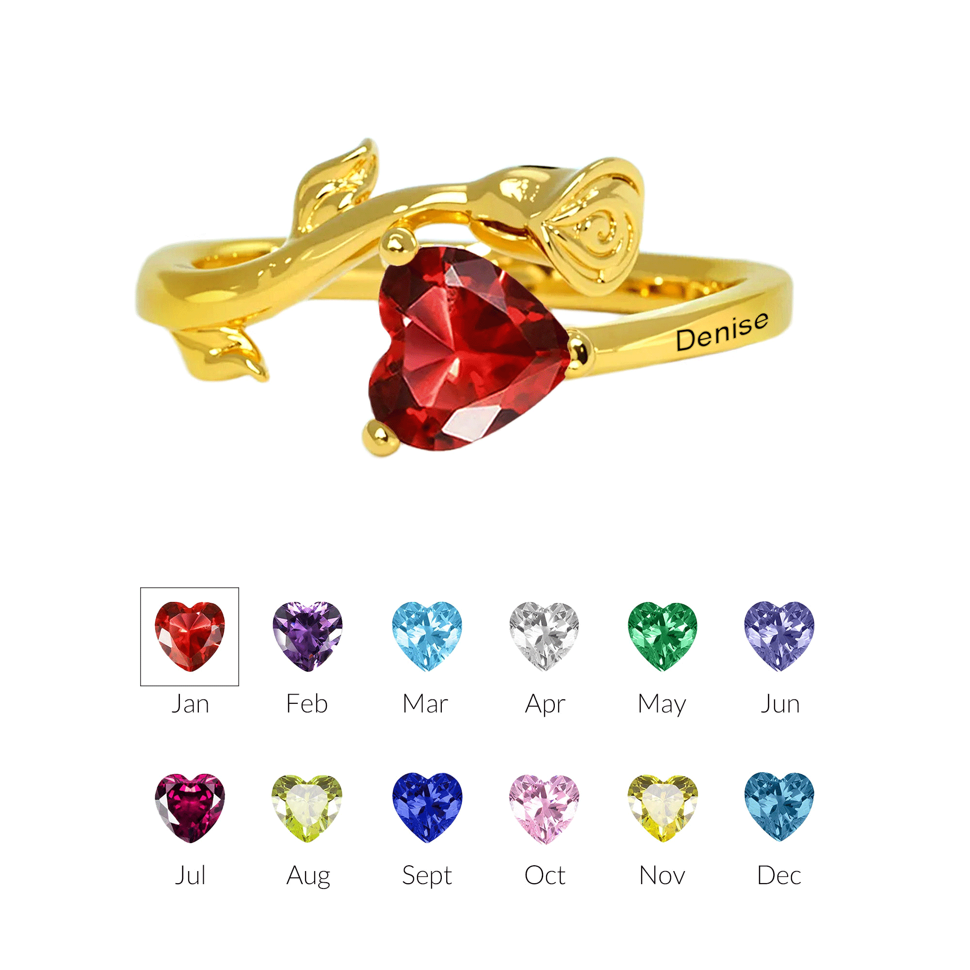 Personalized Birthstone Rose Heart Sterling Silver Ring with Engraved Text Dainty Jewellery Mother's Day Birthday Anniversary Gift for Women