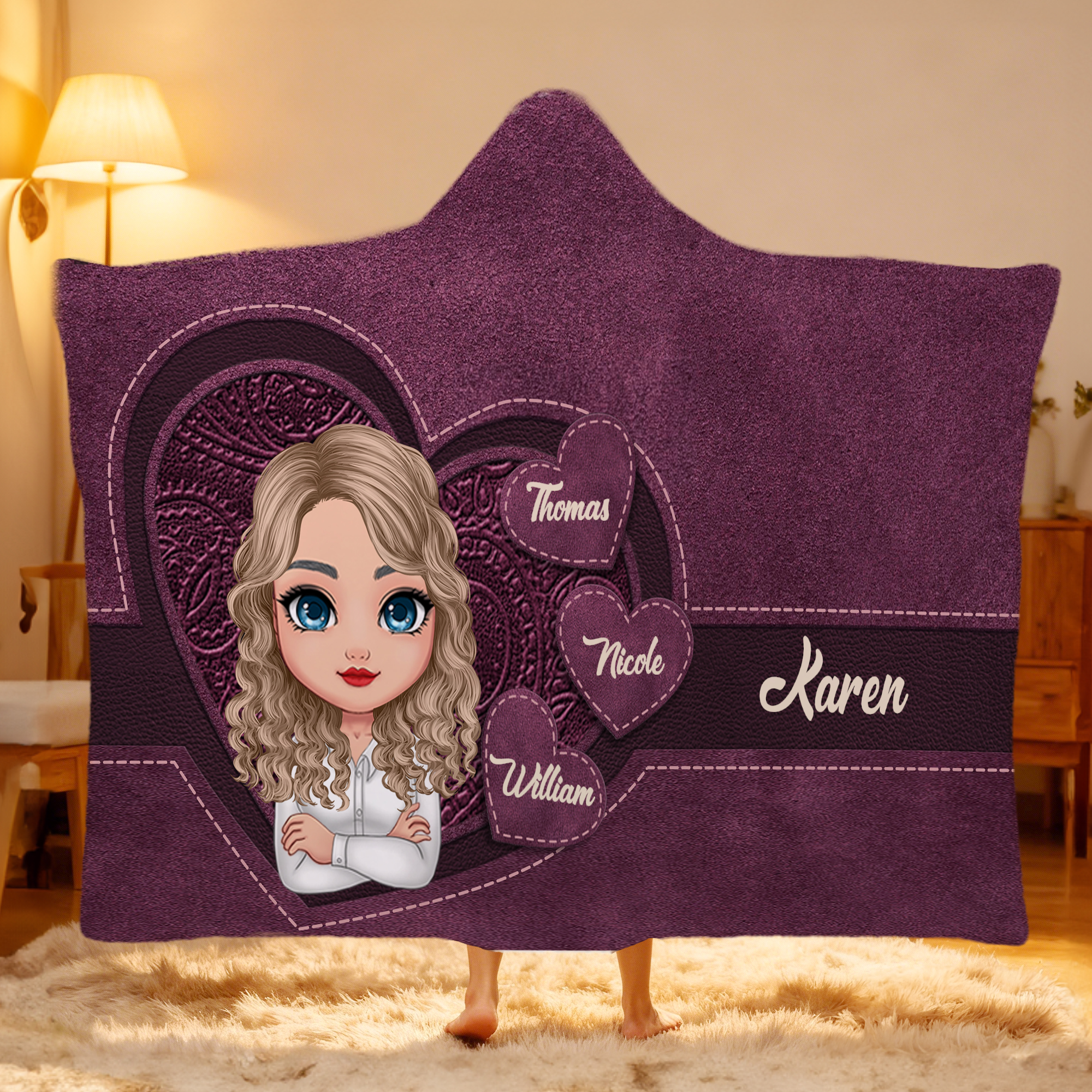 Couverture à capuche personnalisée en forme de coeur avec 1-8 noms Cadeau d'anniversaire pour femmes