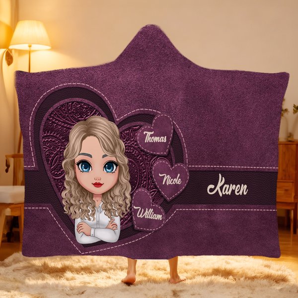 Personalised Retro Heart Cartoon Character  Soft Hooded Blanket with 1-8 Names  Home Decor Birthday Gift for Women