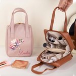 Personalized Birth Flower Gemstone PU Leather Makeup Bag with Name and Handle Travel Anniversary Birthday Gift for Women