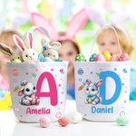 Personalised Cute Bunny Flower Canvas Easter Basket with Name and Initial Egg Hunting Accessories Easter Gift for Boys Girls