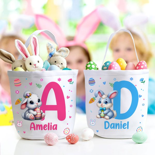 Personalised Cute Bunny Flower Canvas Easter Basket with Name and Initial Egg Hunting Accessories Easter Gift for Boys Girls
