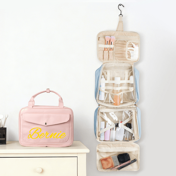 Personalized Portable Multi-Compartment PU Leather Travel Toiletry Bag with Name and Initial Birthday Wedding Gift for Women