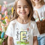 Personalized Cute Bunny Initial 100% Cotton Kid T-shirt with Name Easter Egg Hunt Easter Gift for Boys Girls