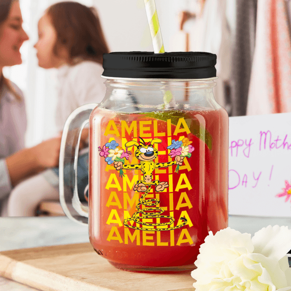 Personalized Cute Tail-Bouncing Marsupilami 16 oz Mason Jar with Handle Lid and Name Birthday Gift for Family Friends | Callie × Marsupilami®