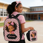 Personalized Cute Cartoon Black Girl Backpack Lunch Bag Pencil Case Set with Name Back-To-School Birthday Gift for Girls