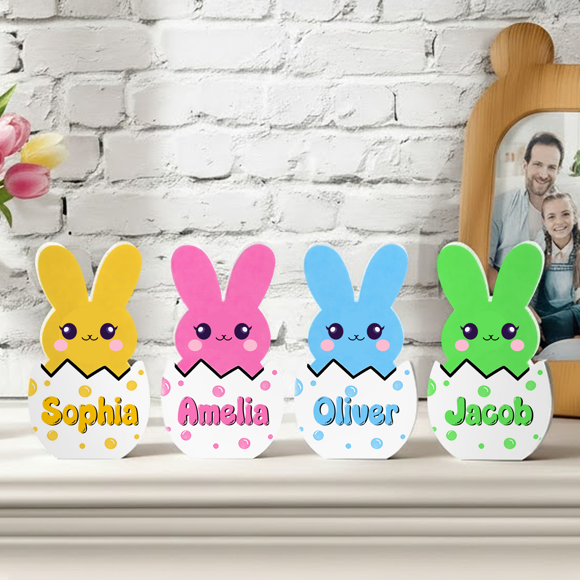 Plaque de lapin de Pâques multicolore personnalisée avec nom Décoration de bureau Cadeau de Pâques pour la famille
