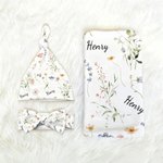 Personalised Wildflowers Swaddle Blanket Knot Hat Headband with Name Nursery Decor Baby Shower Birthday Gift for Newborn Baby