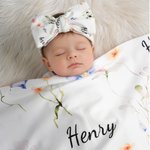 Personalised Wildflowers Swaddle Blanket Knot Hat Headband with Name Nursery Decor Baby Shower Birthday Gift for Newborn Baby