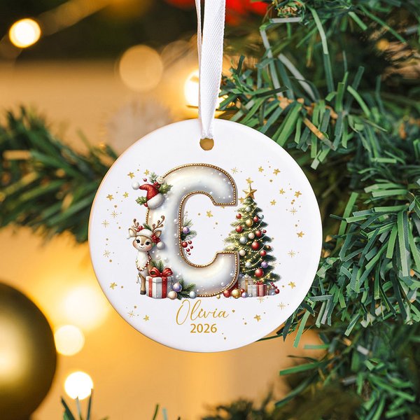 Personalised Reindeer Christmas Tree Initial Round Ceramic Christmas Ornament with Name and Year Tree Decor Gift for Family Friends