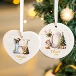 Personalized Reindeer Christmas Tree Initial Round Ceramic Christmas Ornament with Name and Year Tree Decor Gift for Family Friends