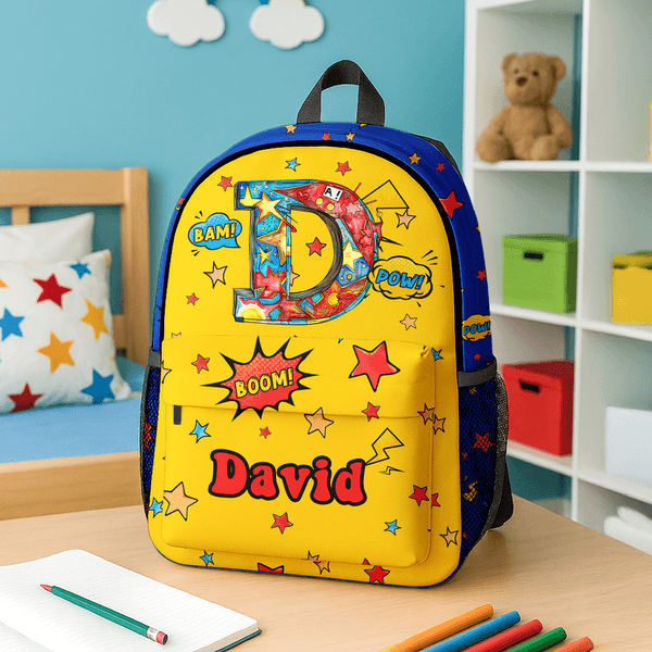 Personalized Pop Art Star Boom Comic Style Backpack with Name and Initial Back to School Birthday Gift for Boys Girls