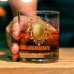 Personalized Golden Shield Initial Name 10 oz Rock Whiskey Glass Old Fashioned Anniversary Birthday Gift for Man Bartender Whiskey Enthusiast
