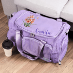 Personalized Birth Flower Multi-Compartment Large Travel Bag with Name and Shoulder Strap Travel Birthday Gift for Women