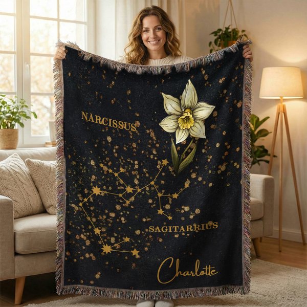 Personalised Zodiac Sign Constellation Birth Flower Soft Throw Blanket with Name and Tassel Home Decor Birthday Anniversary Gift for Family Friend