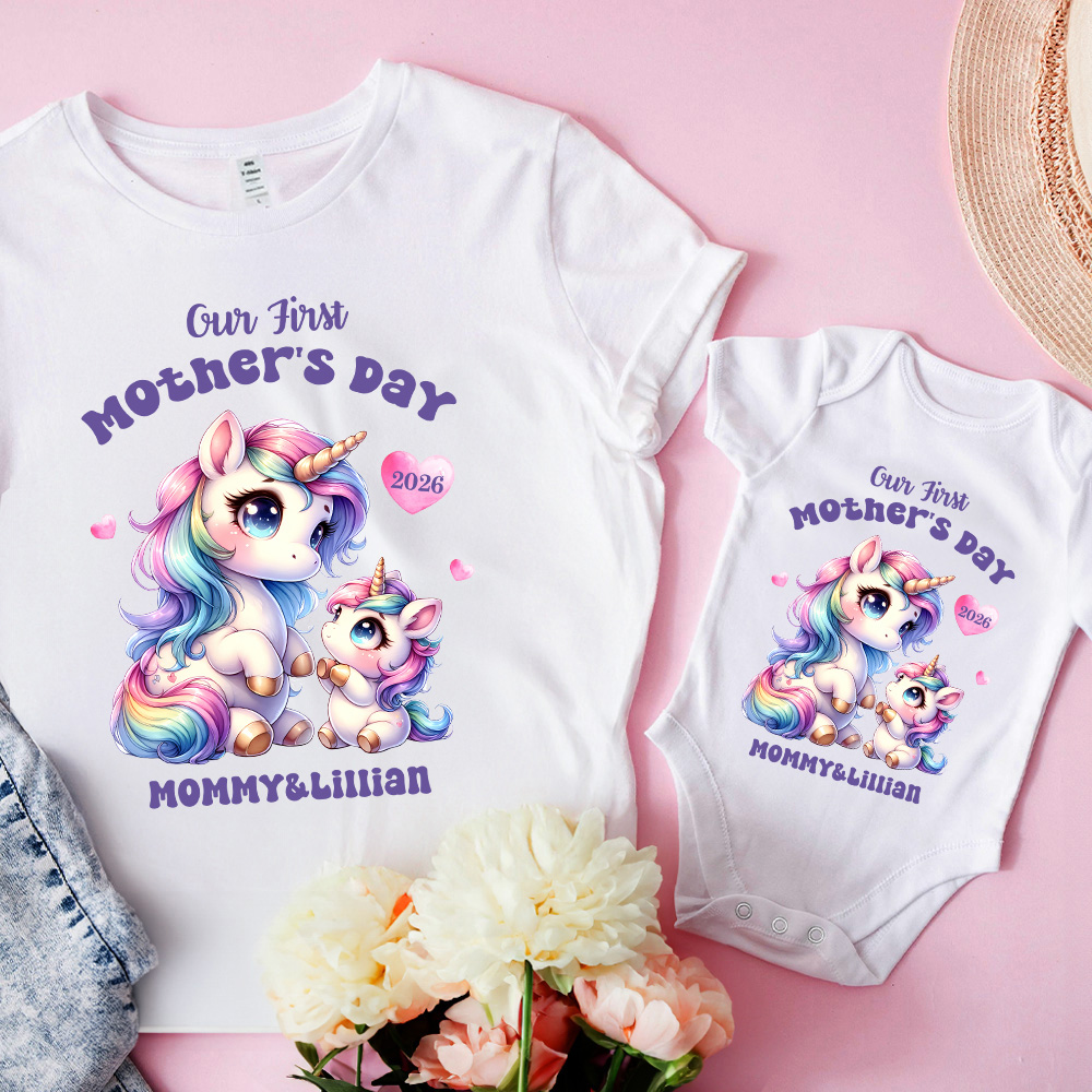 T-shirt Onesie de Bébé 100% Coton Personnalisé avec Nom Ensemble Assorti Cadeau de Fête des Mères pour Nouveau-né et Nouvelle Maman