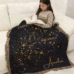 Personalised Zodiac Sign Constellation Birth Flower Soft Throw Blanket with Name and Tassel Home Decor Birthday Anniversary Gift for Family Friend